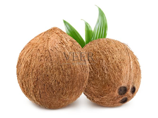 两个美味的椰子在白色照片摄影图片